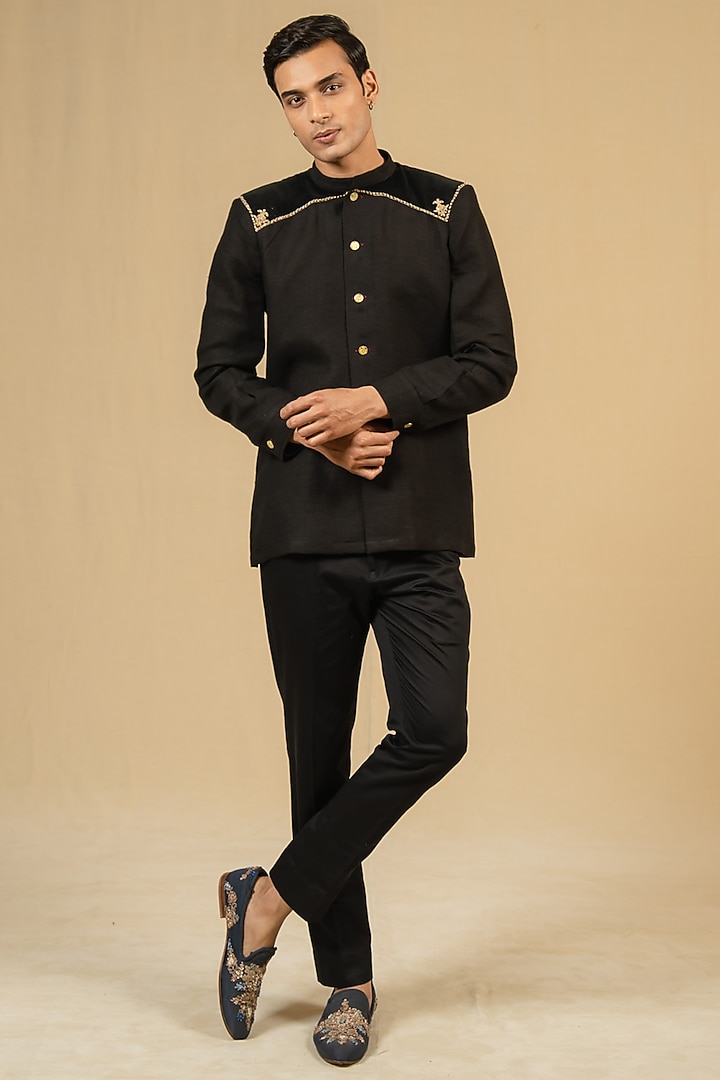 Black Linen Zardosi Work Bushcoat Wedding Bandhgala Jacket by Gaurav Katta at Pernia's Pop Up Shop