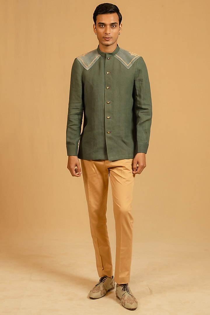 Steel Green Linen Zardosi Work Bushcoat Wedding Bandhgala Jacket by Gaurav Katta at Pernia's Pop Up Shop