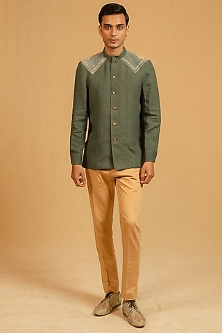 Steel Green Linen Zardosi Work Bushcoat Bandhgala Jacket by Gaurav Katta