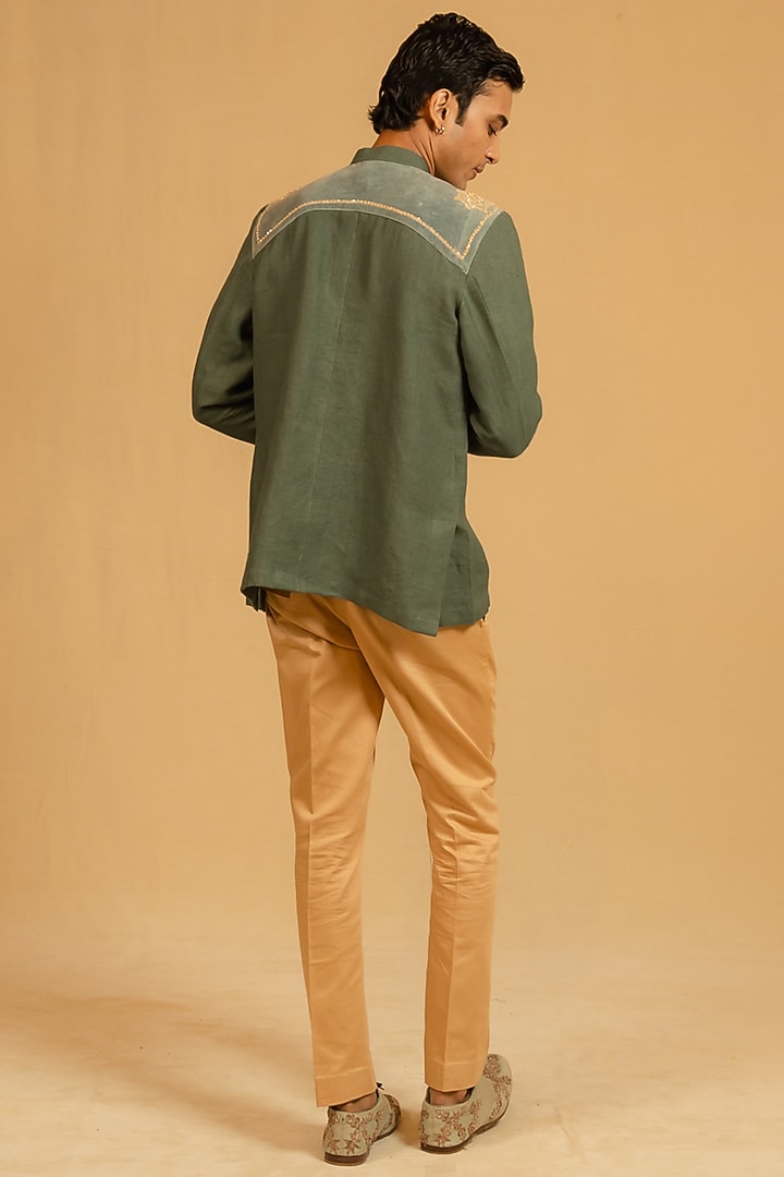 Steel Green Linen Zardosi Work Bushcoat Wedding Bandhgala Jacket by Gaurav Katta at Pernia's Pop Up Shop