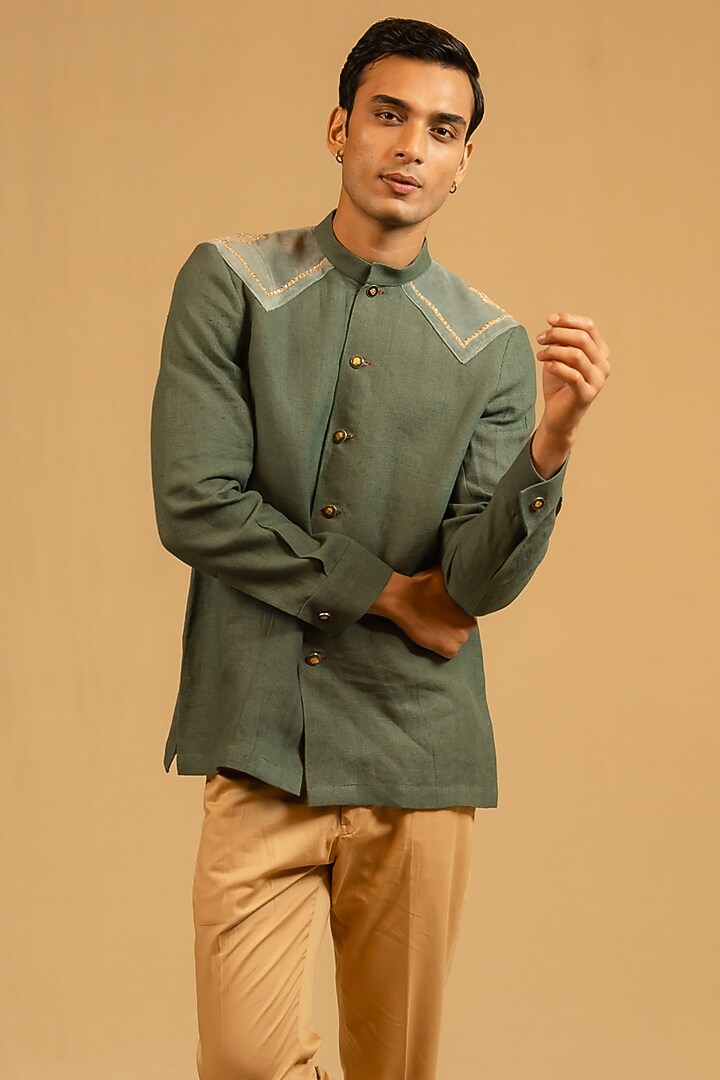 Steel Green Linen Zardosi Work Bushcoat Wedding Bandhgala Jacket by Gaurav Katta at Pernia's Pop Up Shop