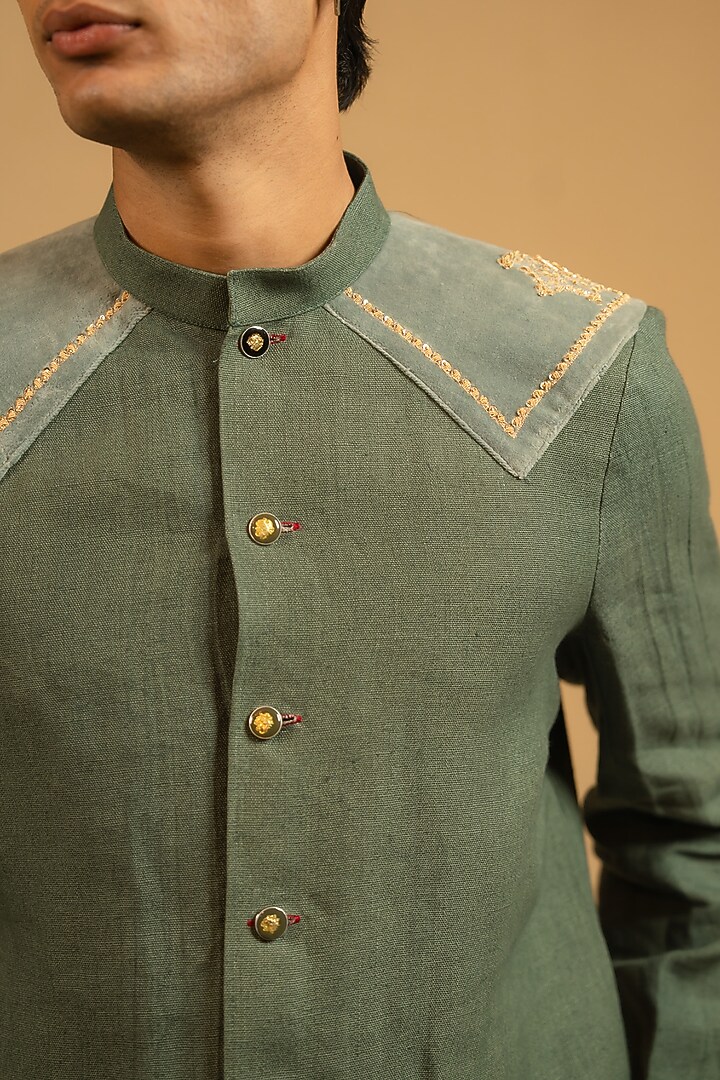 Steel Green Linen Zardosi Work Bushcoat Wedding Bandhgala Jacket by Gaurav Katta at Pernia's Pop Up Shop