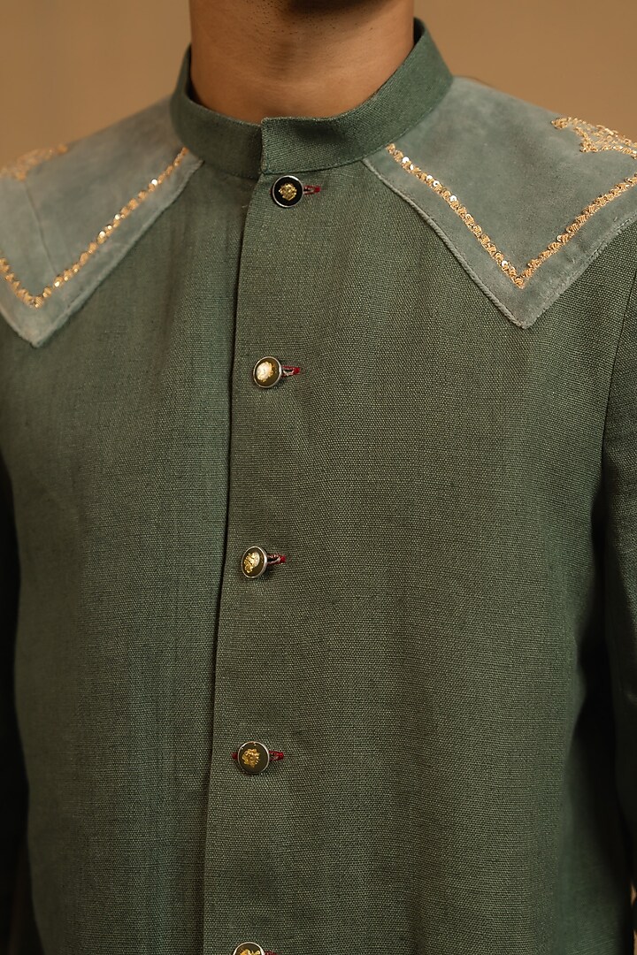 Steel Green Linen Zardosi Work Bushcoat Wedding Bandhgala Jacket by Gaurav Katta at Pernia's Pop Up Shop