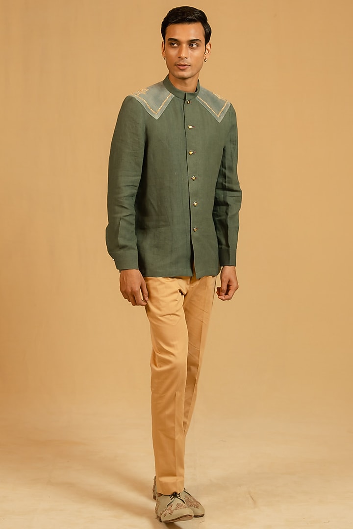 Steel Green Linen Zardosi Work Bushcoat Wedding Bandhgala Jacket by Gaurav Katta at Pernia's Pop Up Shop