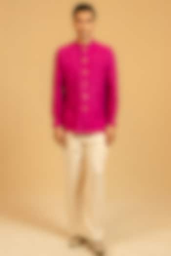 Saturation Pink Linen Zardosi Work Bushcoat Wedding Bandhgala Jacket by Gaurav Katta at Pernia's Pop Up Shop