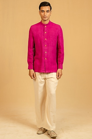 Saturation Pink Linen Zardosi Work Bushcoat Bandhgala Jacket by Gaurav Katta