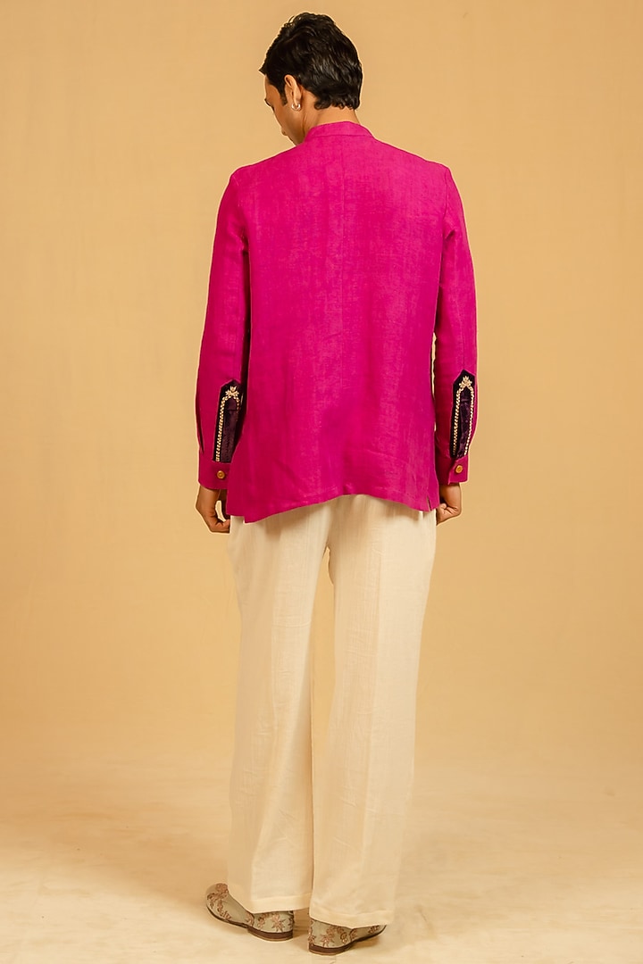 Saturation Pink Linen Zardosi Work Bushcoat Wedding Bandhgala Jacket by Gaurav Katta at Pernia's Pop Up Shop