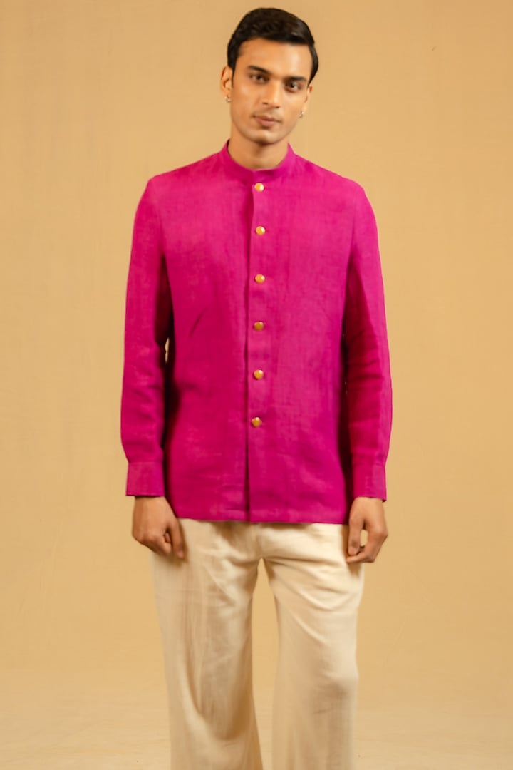 Saturation Pink Linen Zardosi Work Bushcoat Wedding Bandhgala Jacket by Gaurav Katta at Pernia's Pop Up Shop