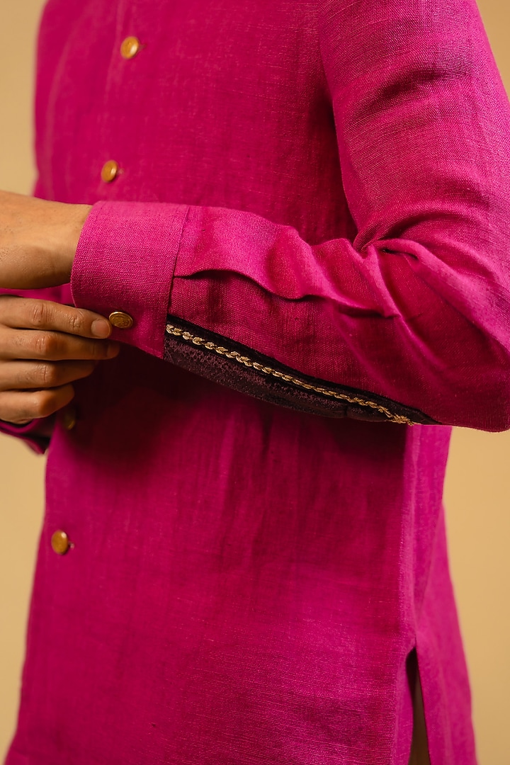Saturation Pink Linen Zardosi Work Bushcoat Wedding Bandhgala Jacket by Gaurav Katta at Pernia's Pop Up Shop