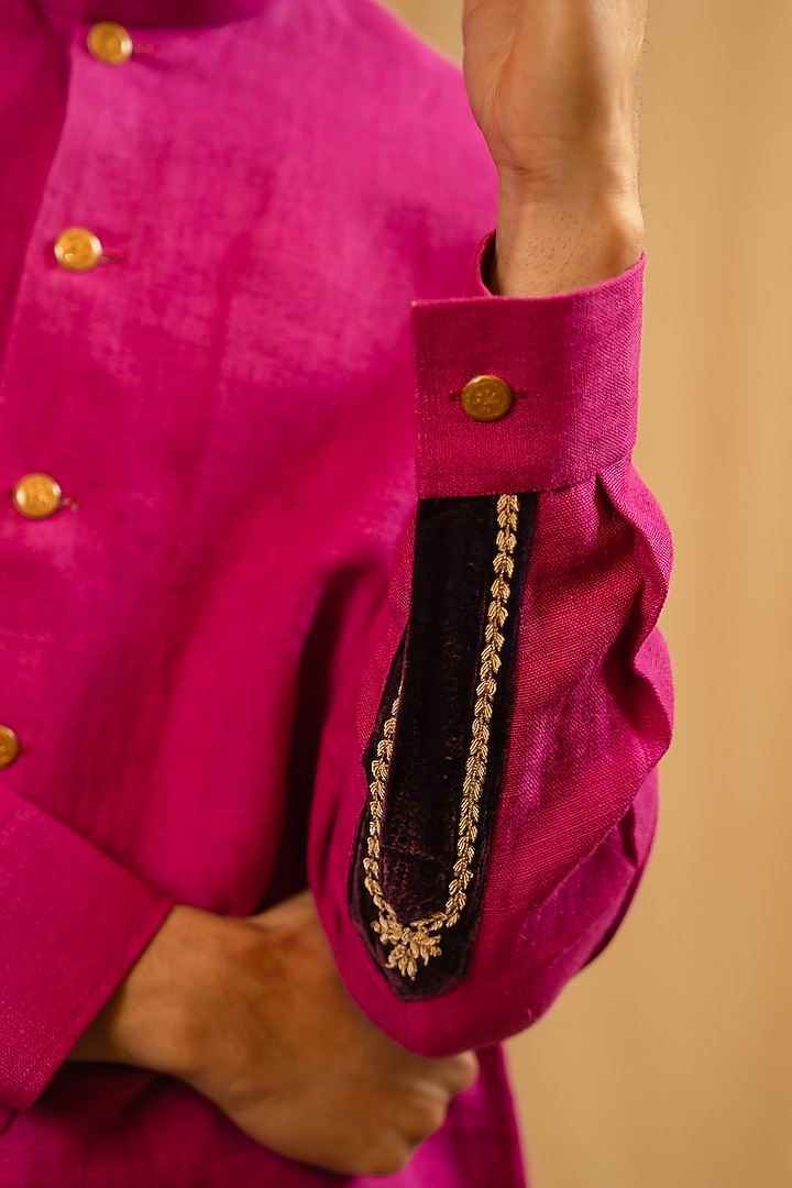 Saturation Pink Linen Zardosi Work Bushcoat Wedding Bandhgala Jacket by Gaurav Katta at Pernia's Pop Up Shop