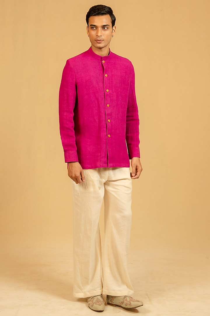 Saturation Pink Linen Zardosi Work Bushcoat Wedding Bandhgala Jacket by Gaurav Katta at Pernia's Pop Up Shop