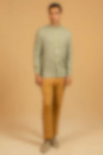 Dusty Aqua Linen Zardosi Work Bushcoat Wedding Bandhgala Jacket by Gaurav Katta at Pernia's Pop Up Shop