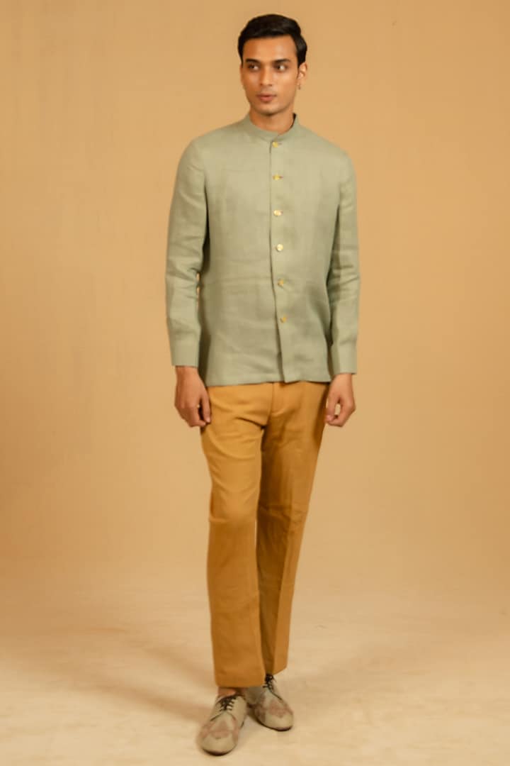 Dusty Aqua Linen Zardosi Work Bushcoat Wedding Bandhgala Jacket by Gaurav Katta at Pernia's Pop Up Shop