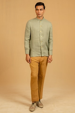 Dusty Aqua Linen Zardosi Work Bushcoat Bandhgala Jacket by Gaurav Katta