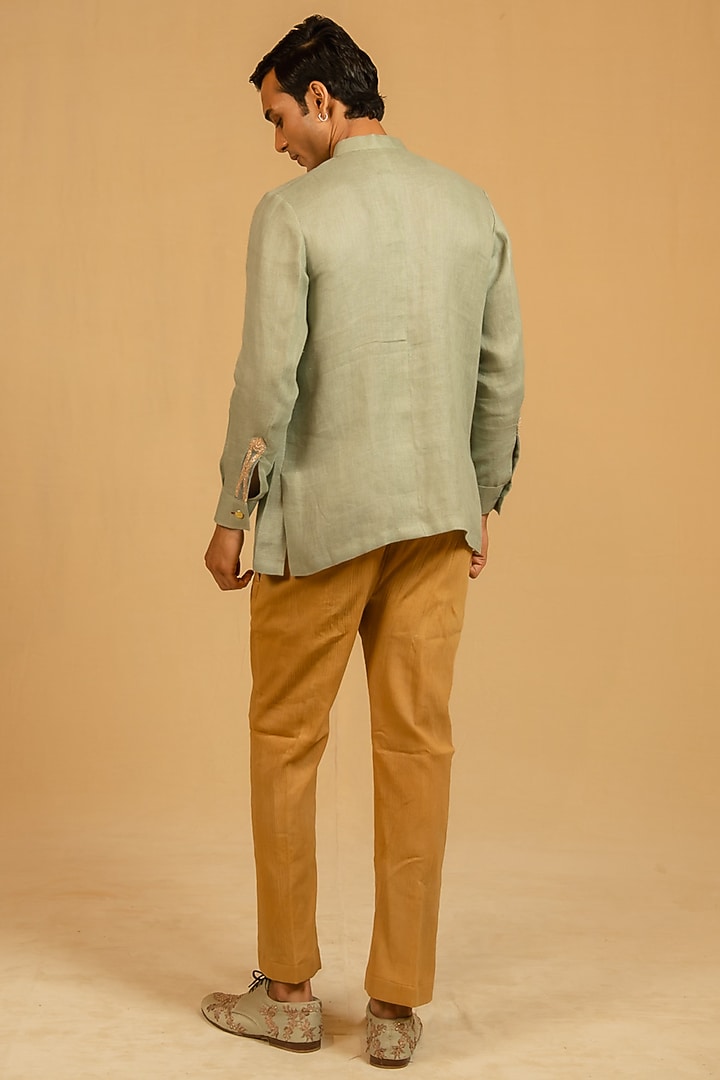 Dusty Aqua Linen Zardosi Work Bushcoat Wedding Bandhgala Jacket by Gaurav Katta at Pernia's Pop Up Shop