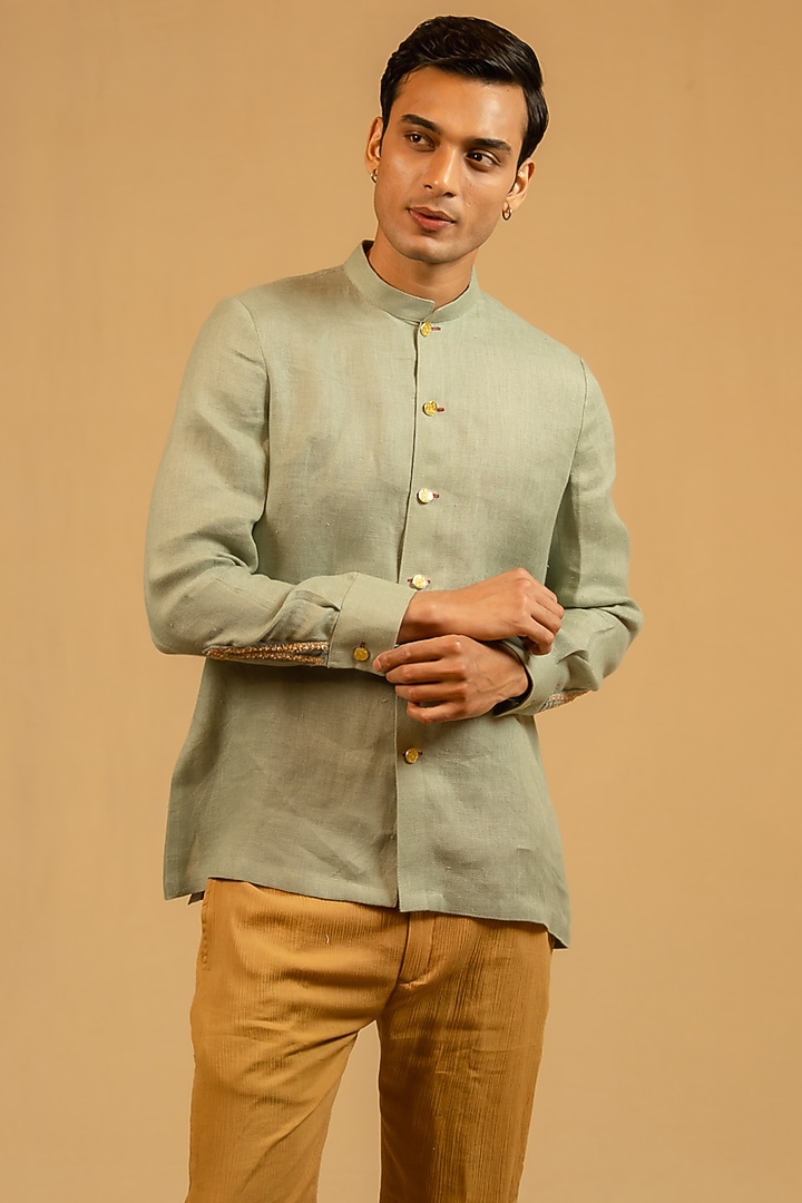 Dusty Aqua Linen Zardosi Work Bushcoat Wedding Bandhgala Jacket by Gaurav Katta at Pernia's Pop Up Shop