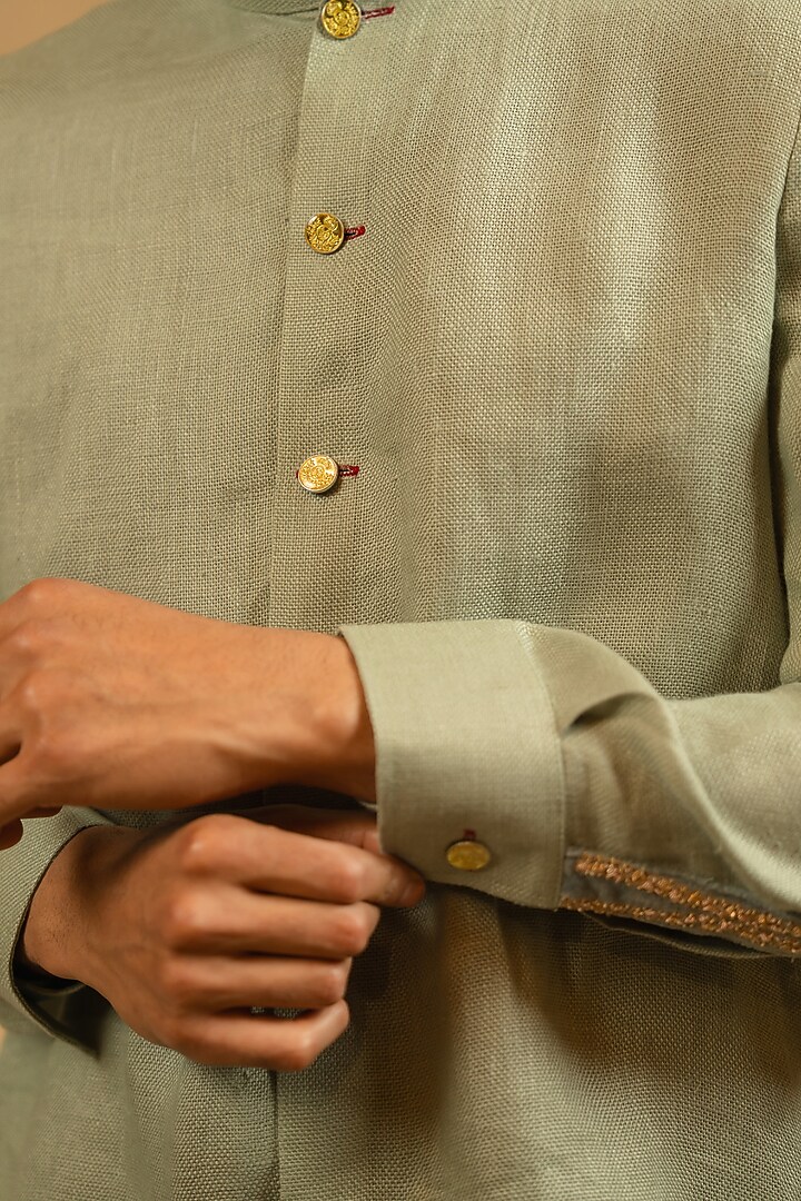 Dusty Aqua Linen Zardosi Work Bushcoat Wedding Bandhgala Jacket by Gaurav Katta at Pernia's Pop Up Shop