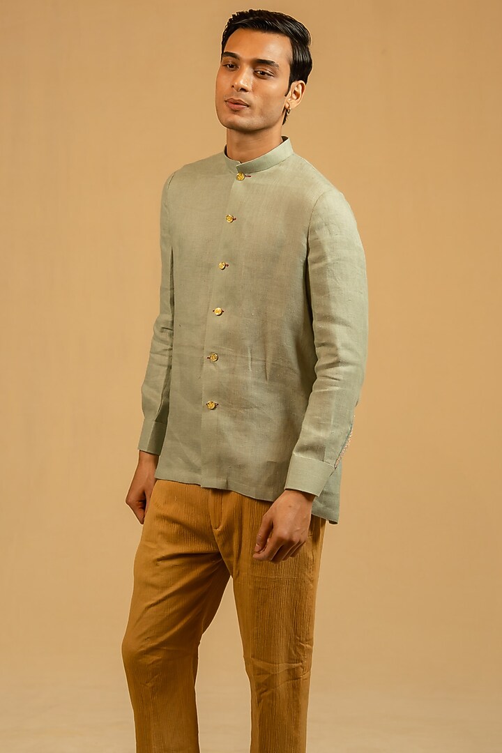 Dusty Aqua Linen Zardosi Work Bushcoat Wedding Bandhgala Jacket by Gaurav Katta at Pernia's Pop Up Shop