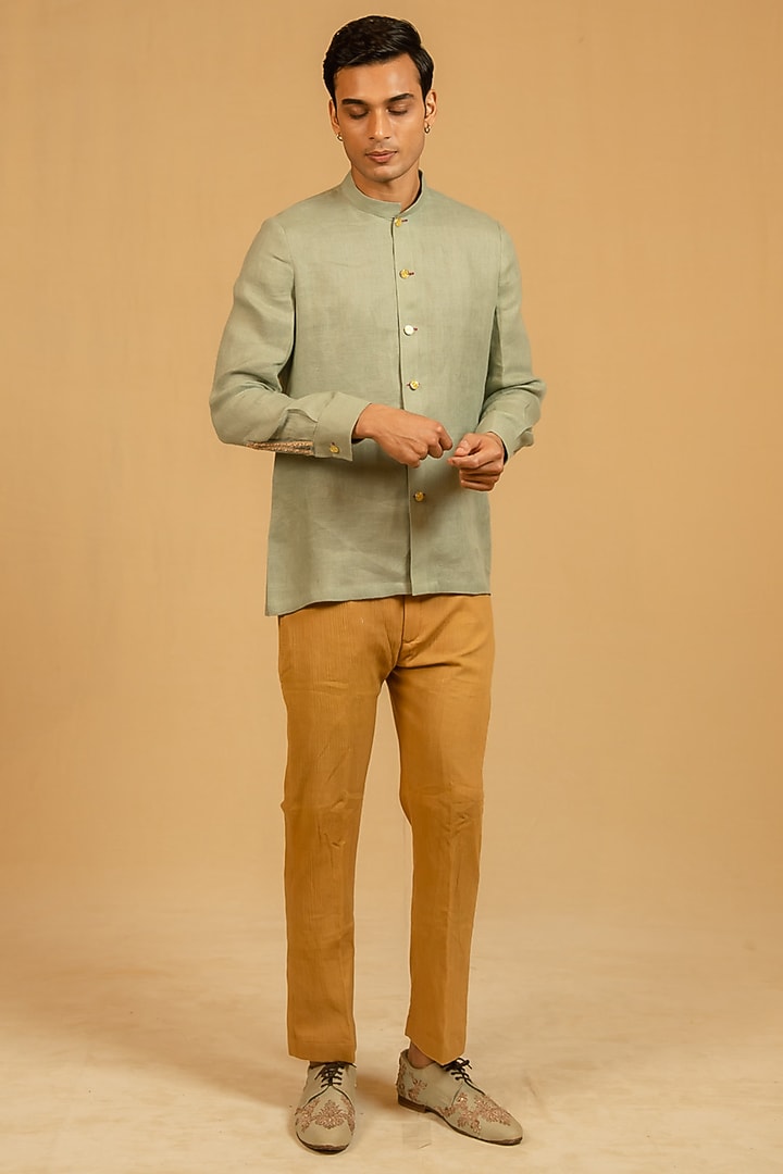 Dusty Aqua Linen Zardosi Work Bushcoat Wedding Bandhgala Jacket by Gaurav Katta at Pernia's Pop Up Shop