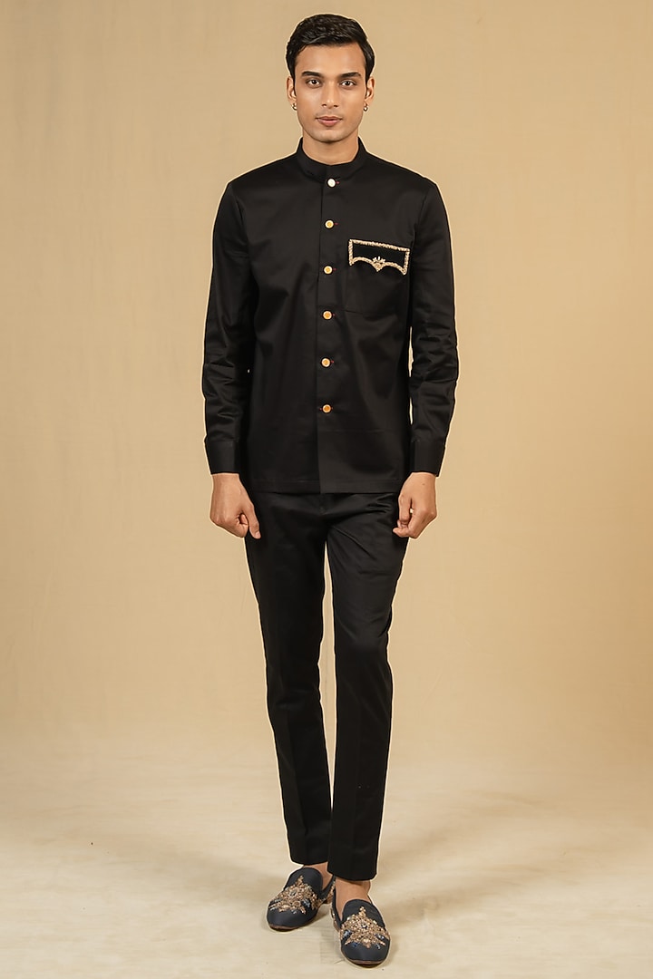 Black Italian Cotton Zardosi Work Bushcoat Wedding Bandhgala Jacket by Gaurav Katta at Pernia's Pop Up Shop