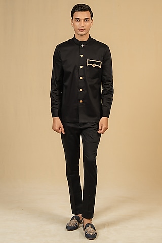 Black Italian Cotton Zardosi Work Bushcoat Bandhgala Jacket by Gaurav Katta