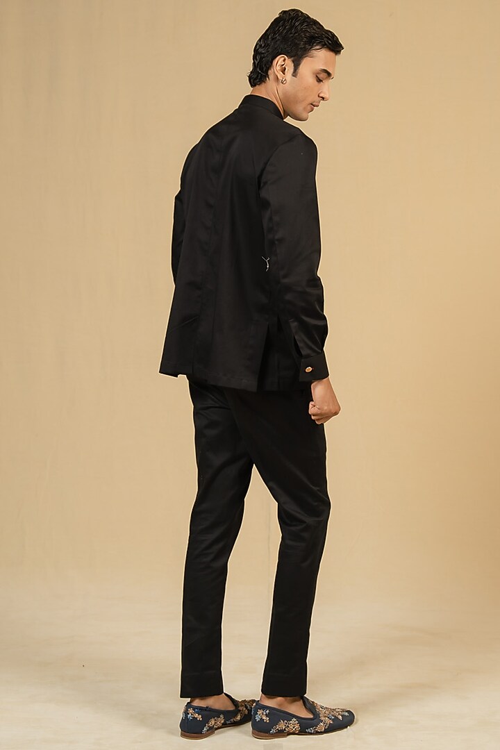 Black Italian Cotton Zardosi Work Bushcoat Wedding Bandhgala Jacket by Gaurav Katta at Pernia's Pop Up Shop