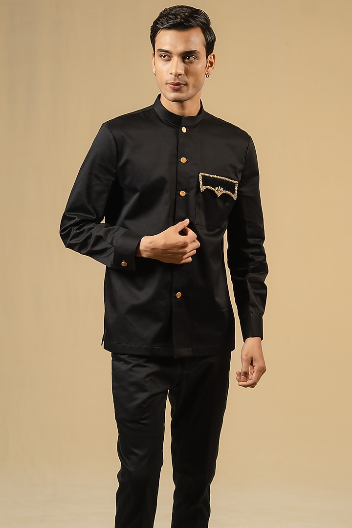 Black Italian Cotton Zardosi Work Bushcoat Wedding Bandhgala Jacket by Gaurav Katta at Pernia's Pop Up Shop