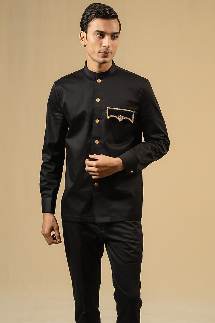 Black Italian Cotton Zardosi Work Bushcoat Wedding Bandhgala Jacket by Gaurav Katta at Pernia's Pop Up Shop