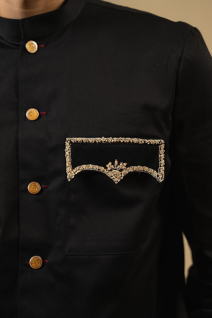 Black Italian Cotton Zardosi Work Bushcoat Wedding Bandhgala Jacket by Gaurav Katta at Pernia's Pop Up Shop