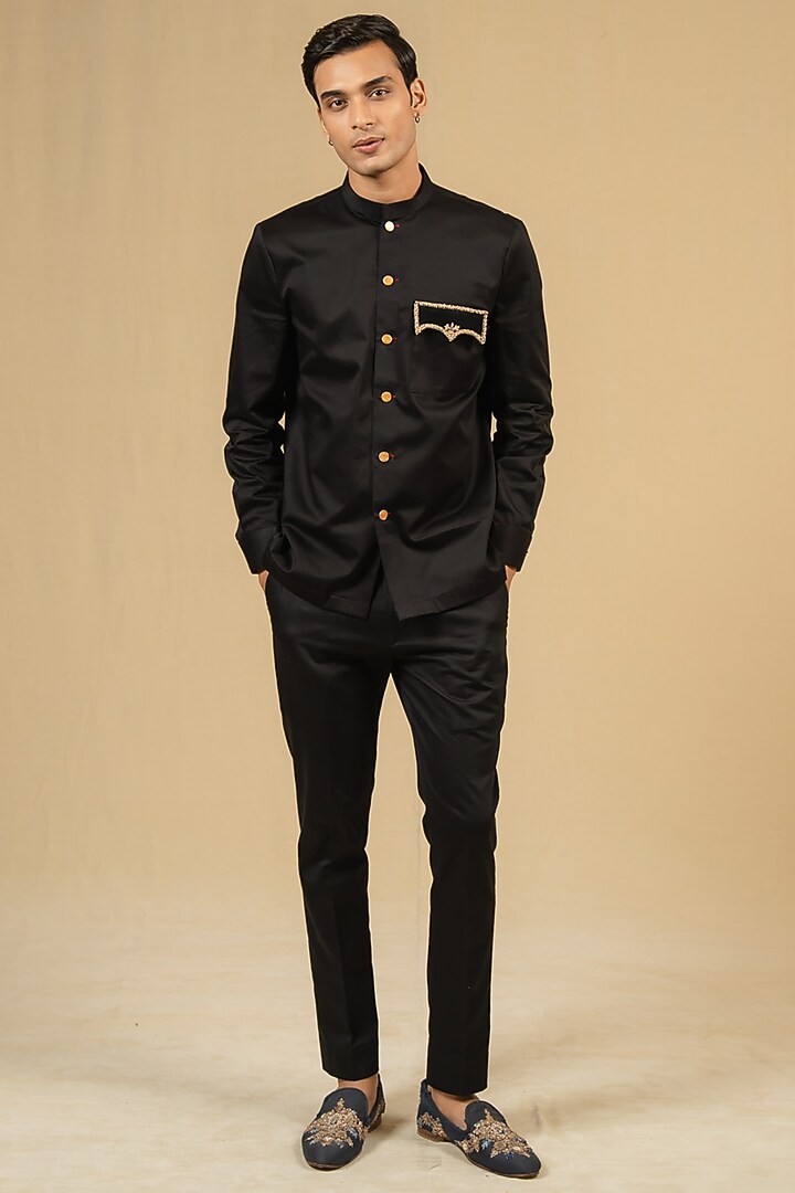 Black Italian Cotton Zardosi Work Bushcoat Wedding Bandhgala Jacket by Gaurav Katta at Pernia's Pop Up Shop