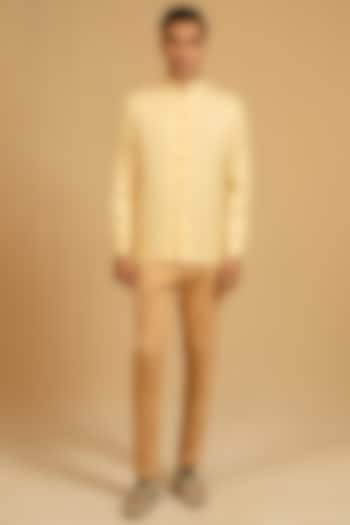 Butterscotch Yellow Linen Zardosi Work Bushcoat Wedding Bandhgala Jacket by Gaurav Katta at Pernia's Pop Up Shop