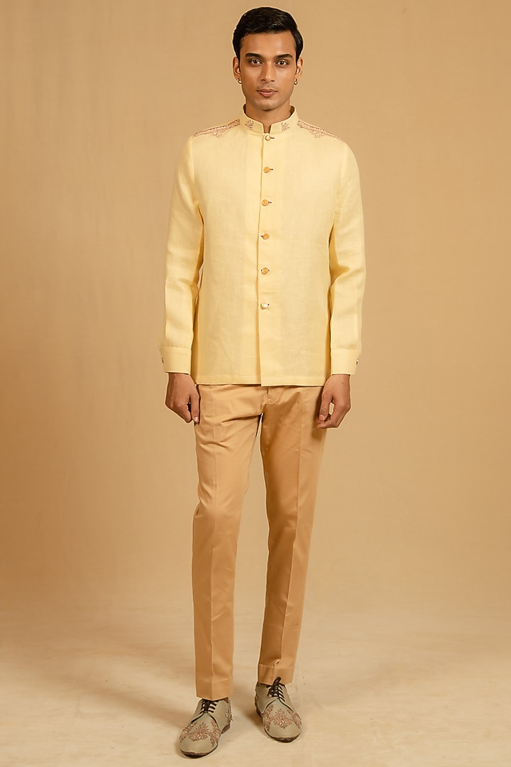 Butterscotch Yellow Linen Zardosi Work Bushcoat Wedding Bandhgala Jacket by Gaurav Katta at Pernia's Pop Up Shop