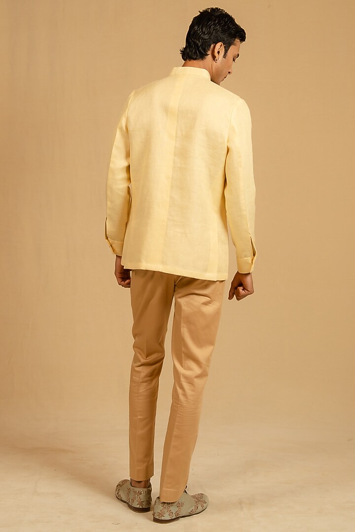 Butterscotch Yellow Linen Zardosi Work Bushcoat Wedding Bandhgala Jacket by Gaurav Katta at Pernia's Pop Up Shop