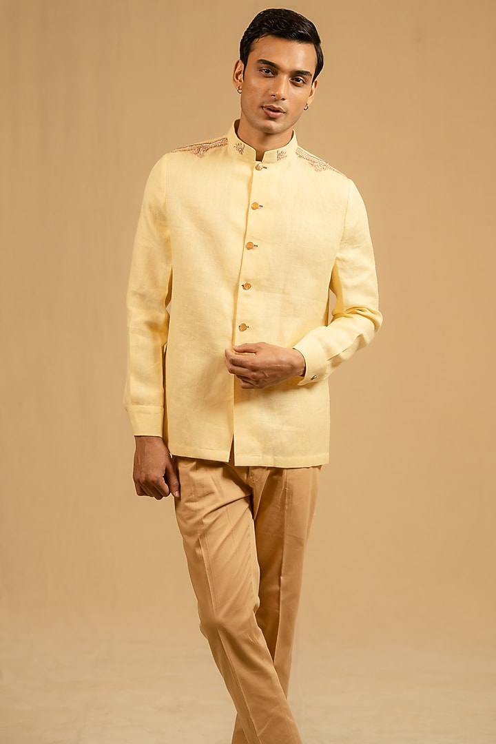 Butterscotch Yellow Linen Zardosi Work Bushcoat Wedding Bandhgala Jacket by Gaurav Katta at Pernia's Pop Up Shop