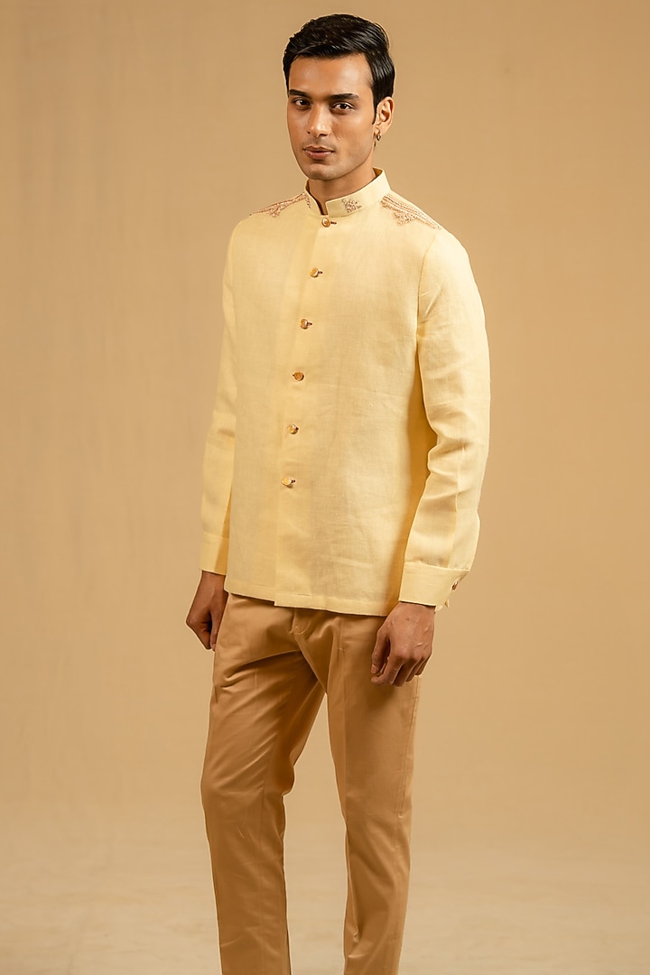 Butterscotch Yellow Linen Zardosi Work Bushcoat Wedding Bandhgala Jacket by Gaurav Katta at Pernia's Pop Up Shop