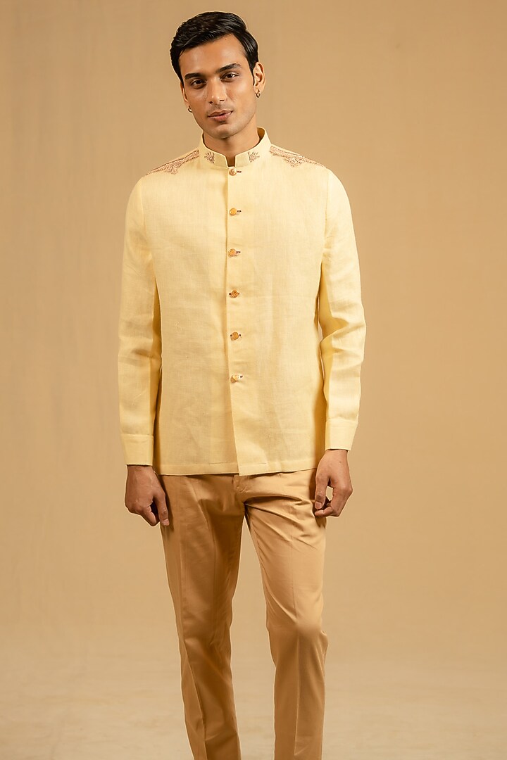 Butterscotch Yellow Linen Zardosi Work Bushcoat Wedding Bandhgala Jacket by Gaurav Katta at Pernia's Pop Up Shop