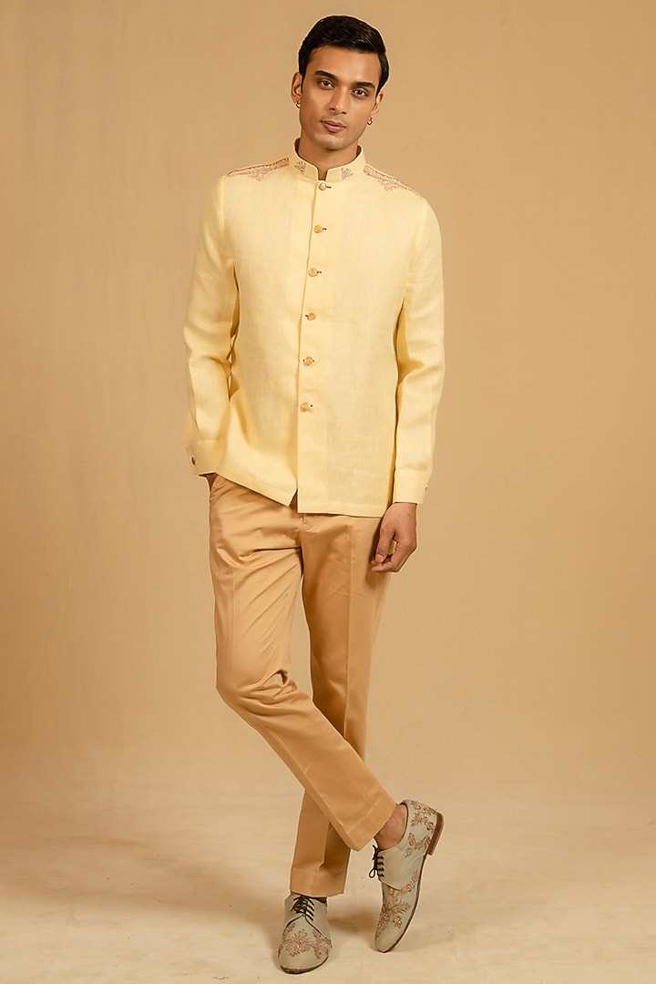 Butterscotch Yellow Linen Zardosi Work Bushcoat Wedding Bandhgala Jacket by Gaurav Katta at Pernia's Pop Up Shop