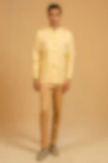 Butterscotch Yellow Linen Zardosi Work Bushcoat Wedding Bandhgala Jacket by Gaurav Katta at Pernia's Pop Up Shop