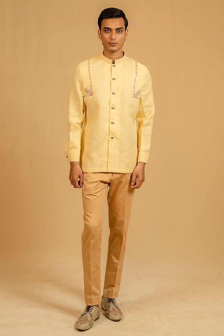 Butterscotch Yellow Linen Zardosi Work Bushcoat Wedding Bandhgala Jacket by Gaurav Katta at Pernia's Pop Up Shop