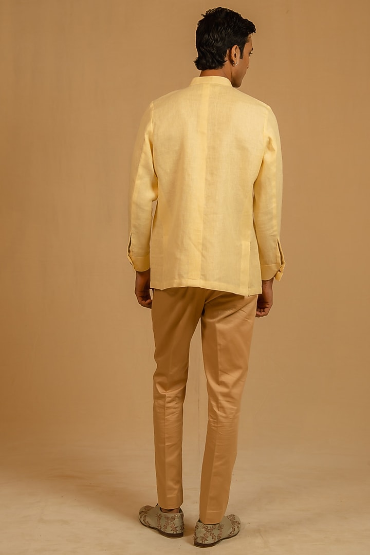 Butterscotch Yellow Linen Zardosi Work Bushcoat Wedding Bandhgala Jacket by Gaurav Katta at Pernia's Pop Up Shop