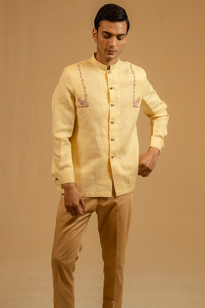 Butterscotch Yellow Linen Zardosi Work Bushcoat Wedding Bandhgala Jacket by Gaurav Katta at Pernia's Pop Up Shop