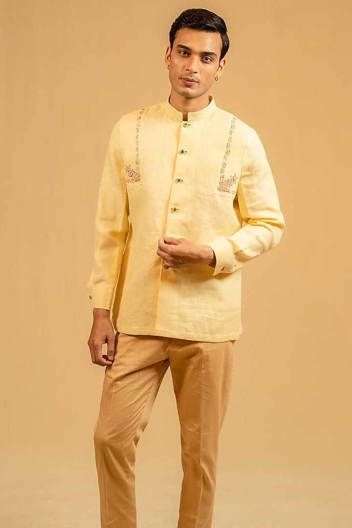 Butterscotch Yellow Linen Zardosi Work Bushcoat Wedding Bandhgala Jacket by Gaurav Katta at Pernia's Pop Up Shop