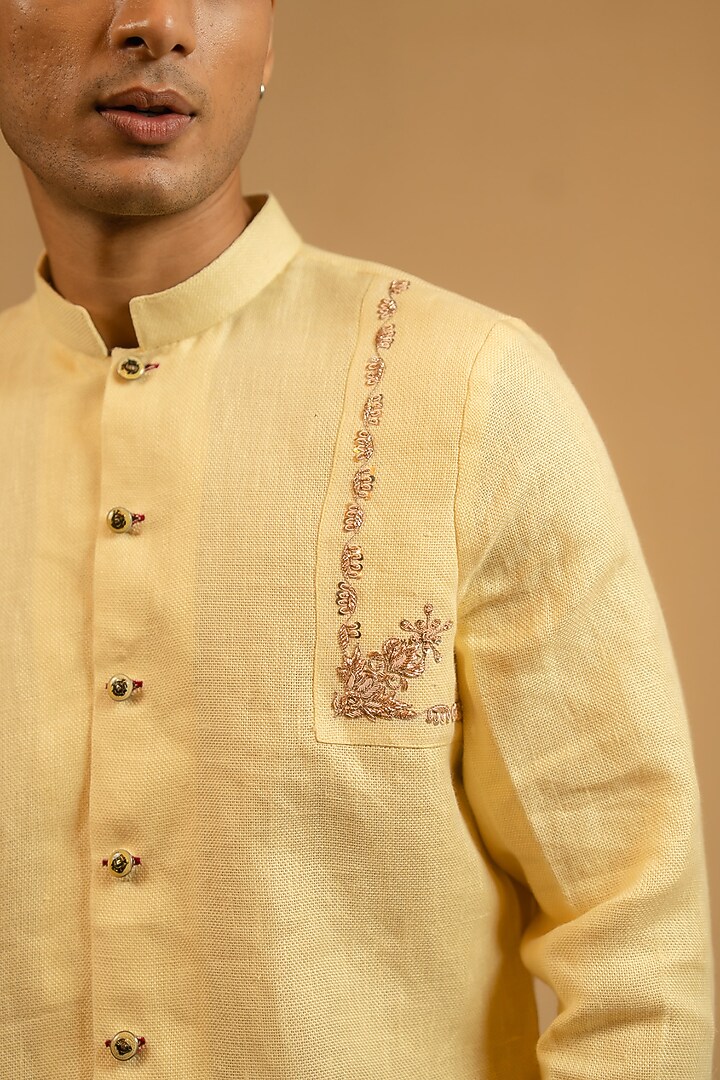 Butterscotch Yellow Linen Zardosi Work Bushcoat Wedding Bandhgala Jacket by Gaurav Katta at Pernia's Pop Up Shop