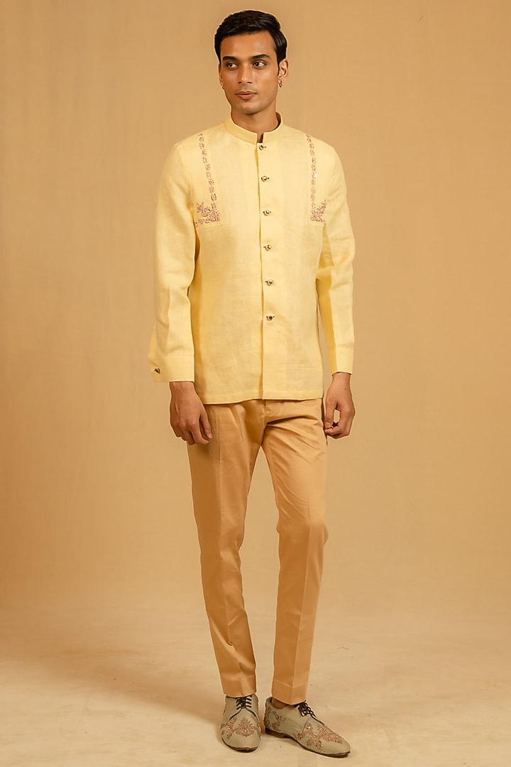 Butterscotch Yellow Linen Zardosi Work Bushcoat Wedding Bandhgala Jacket by Gaurav Katta at Pernia's Pop Up Shop