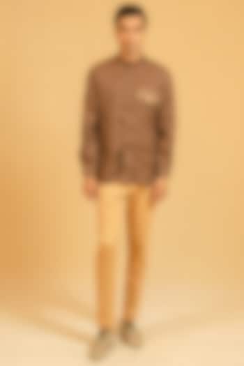 Brown Linen Zardosi Work Bushcoat Wedding Bandhgala Jacket by Gaurav Katta at Pernia's Pop Up Shop