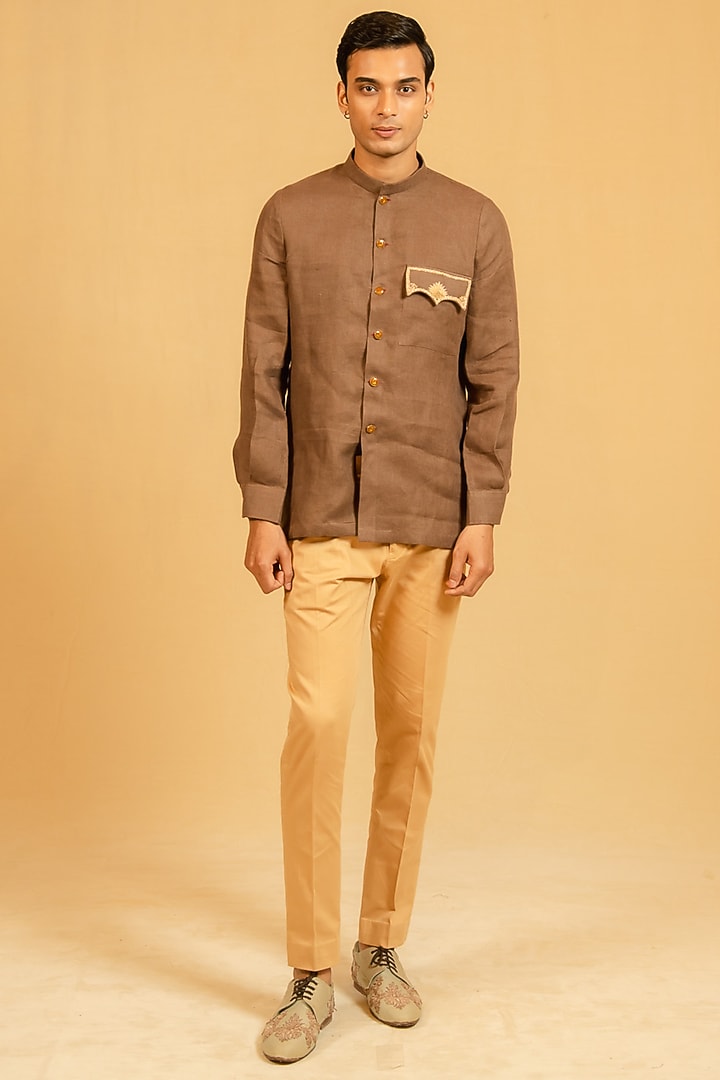 Brown Linen Zardosi Work Bushcoat Wedding Bandhgala Jacket by Gaurav Katta at Pernia's Pop Up Shop