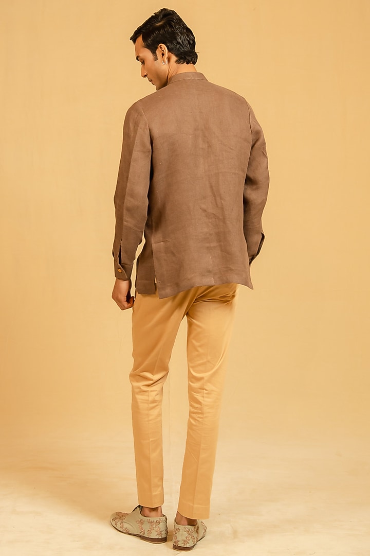 Brown Linen Zardosi Work Bushcoat Wedding Bandhgala Jacket by Gaurav Katta at Pernia's Pop Up Shop