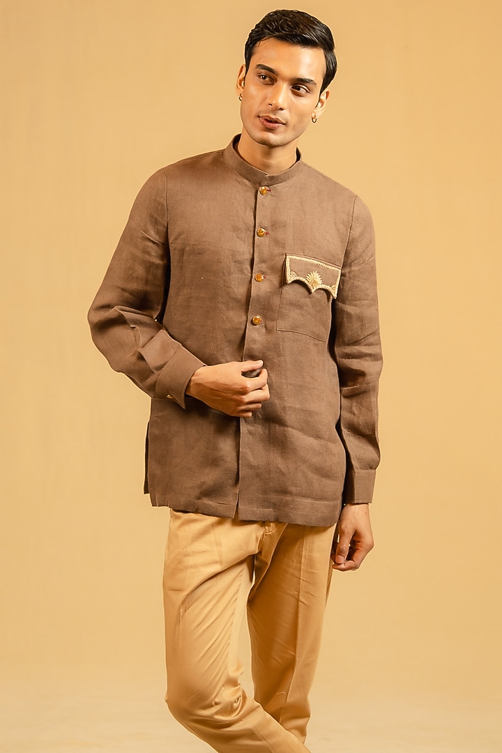 Brown Linen Zardosi Work Bushcoat Wedding Bandhgala Jacket by Gaurav Katta at Pernia's Pop Up Shop