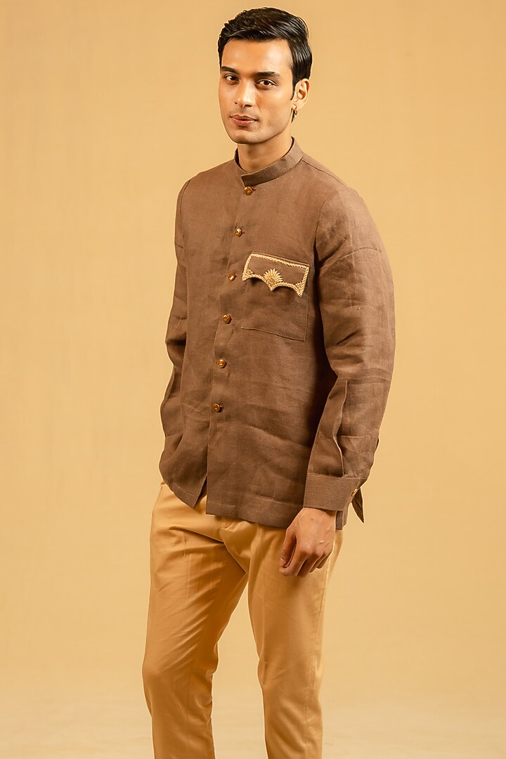 Brown Linen Zardosi Work Bushcoat Wedding Bandhgala Jacket by Gaurav Katta at Pernia's Pop Up Shop