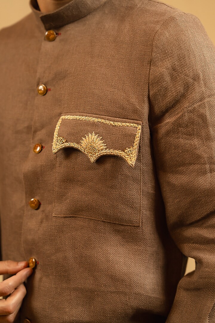 Brown Linen Zardosi Work Bushcoat Wedding Bandhgala Jacket by Gaurav Katta at Pernia's Pop Up Shop